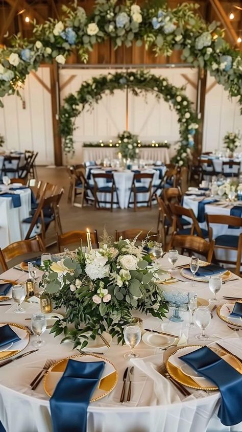 Navy Sage And Champagne Wedding, Wedding Inspo Centerpiece Ideas, Sage Green Navy Wedding Theme, Boho Wedding Blue Color Palettes, Southern Inspired Wedding, Dark Blue Summer Wedding, French Blue Fall Wedding, Rustic Blue And White Wedding, Blue And Green Wedding Decorations