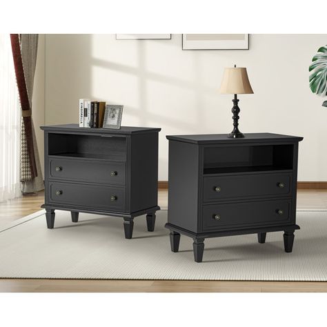 Amberlyn 2 Drawer Nightstand (Set of 2) Wide Nightstand, Farmhouse Nightstand, Nightstand Set, Nightstand With Charging Station, Bedside Table Design, Nightstand Set Of 2, House Property, Bedroom Black, 2 Drawer Nightstand