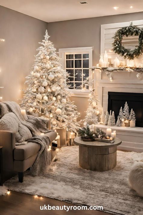 Neutral Christmas Front Porch, White Decoration Christmas Tree, Farmhouse Door Decor, Christmas Trees In Bedrooms, Christmas Family Room Decor, White Christmas Decor Tree, Diy White Christmas Decor, Christmas Decor Ideas For The Home, White Tree Decor