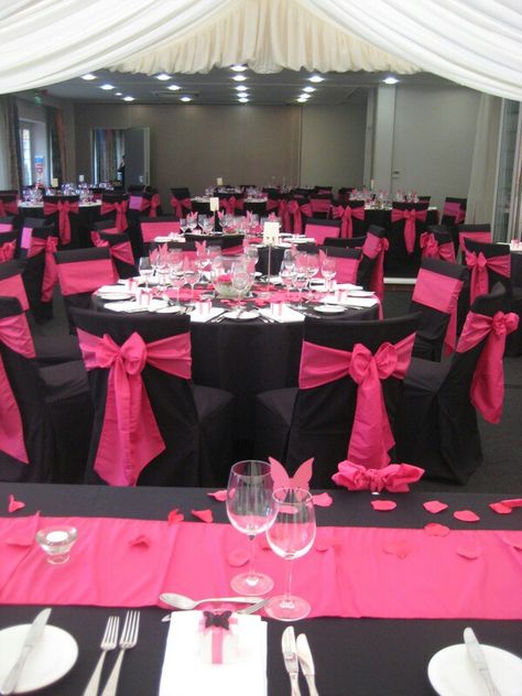 Pink Chair Covers, Pink And Black Wedding, Pink Black Weddings, Wedding Chair Covers, Reception Chairs, Hot Pink Weddings, Pink Wedding Theme, Chair Covers Wedding, Wedding Chair