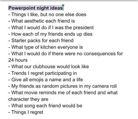 Friend Group Powerpoint Ideas, Funny Presentations For Friends, Slideshow Ideas Funny, Friend Group Presentation Ideas, Things To Make A Powerpoint About, Powerpoint Friends Night, Friends Presentation Night Ideas, Presentations With Friends, Funny Slideshow Ideas For Friends