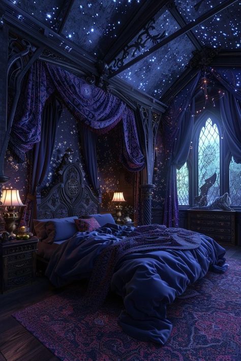 Goth Bedroom Canopy Bed, Cute Goth Bedroom Ideas, Dark Fantasy Bedroom Ideas, Gothic Architecture Bedroom, Rhysand Bedroom, Gothic Canopy Bed Romantic, Dark Princess Bedroom, Mystical House Decor, Gothic Witchy Bedroom