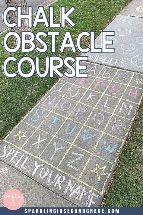 Easy and entertaining chalk obstacle course ideas! Keep your kids busy this summer with these ideas for a chalk obstacle course. Chalk Obstacle Course, Chalk Sidewalk, Sidewalk Chalk Games, Chalk Activities, Kids Obstacle Course, Summer Fun For Kids, Outside Activities, Sidewalk Chalk, Obstacle Course