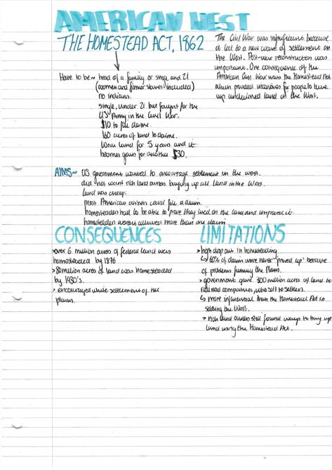 Revision Notes Gcse, Gcse Tips, History Revision, Revision Ideas, Homestead Act, Gcse History, Gcse Revision, Homeschool Social Studies, Revision Notes