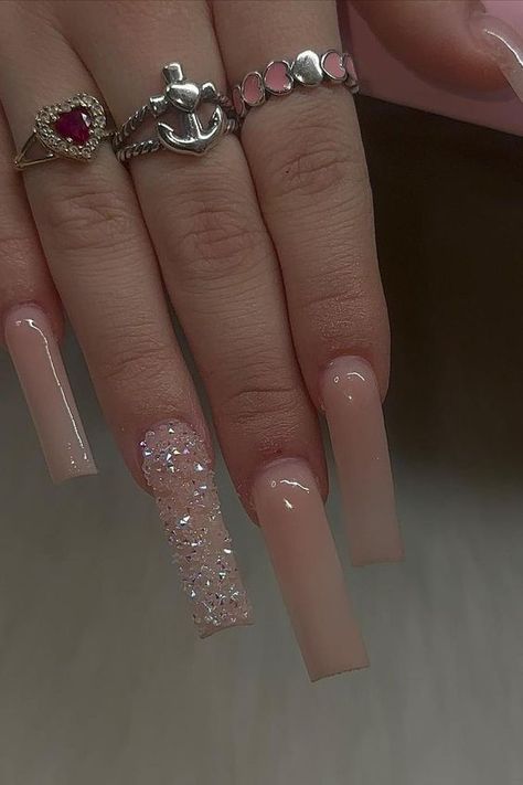 Pretty Pink Nails Acrylic Long, Nude Nails For Prom, Long Nude Nails With Design, Nail Ideas Square Long, Long Natural Acrylic Nails, Square Long Nails Acrylics, Long Charm Nails, Minimalist Birthday Nails, Long Acrylic Nail Designs Baddie