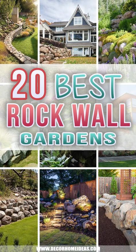 Discover 20 stunning rock wall garden designs that will transform your outdoor space into an oasis. Find the best layouts for your backyard and get inspired for the next garden makeover. Rocks Around Flower Bed, Rock Backyard Ideas Landscape Design, Diy Rock Wall Landscape, Garden Walls Ideas, Wall Garden Ideas Outdoor, Garden Wall Design Outdoor, Low Garden Wall, Rock Front Yard Landscaping, Rock Wall Landscaping