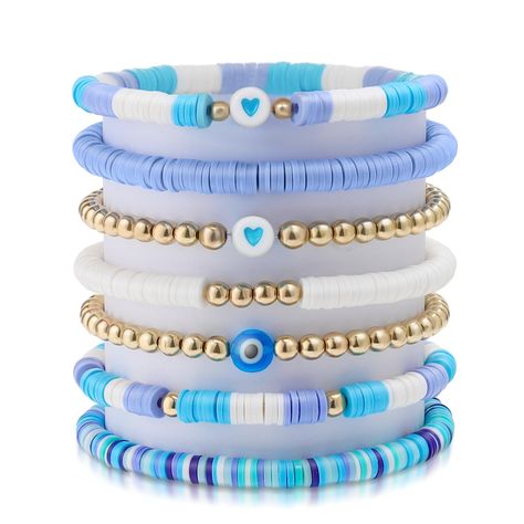 PRICES MAY VARY. Clay Bead Bracelets: These cute bracelets are made of high-quality polymer clay, heart, evil eye, and golden beads, strung on elastic bands, lightweight, waterproof, and safe to wear. Stretch Bracelets: The outside length of the bracelets is approx 6.75 inches, length adjustable. Blue Bracelets: Whether you're soaking up the sunshine on a beach, sightseeing on a city break, or for daily leisure, wear these bracelets together or layer them with other beach bracelets for a chic su Make Clay Beads, Clay Bead Bracelets, Bracelets Summer, Colorful Bead Bracelets, Clay Bead Necklace, Bracelets Friendship, Preppy Bracelets, Preppy Jewelry, Friendship Bracelets With Beads