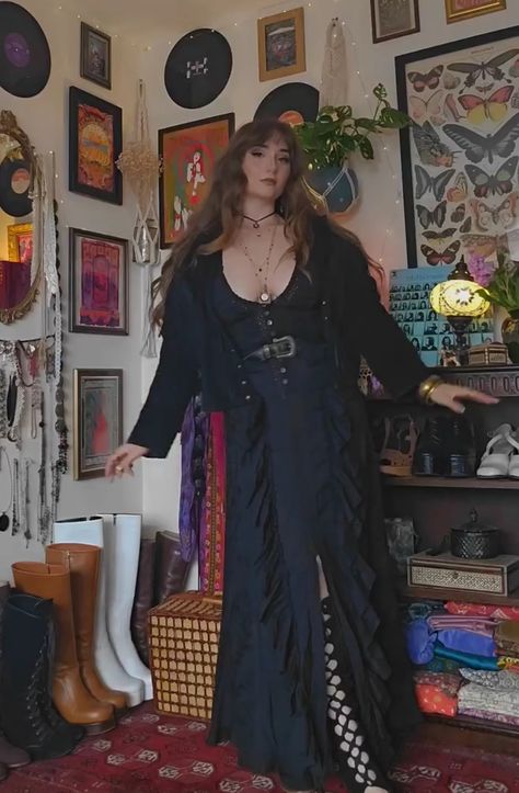 Hobbit Goth, Goth Cardigan Outfit, Goth Teacher, Witches Outfit, 80s Trad Goth Aesthetic, Long Cardigan Outfit Goth, Whimsical Goth, Closet Transformation, 90s Goth