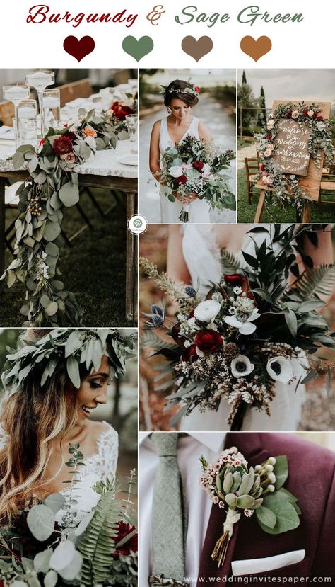 2019 Trendiest Marsala/Burgundy Wedding Colors--marsala and sage green wedding with green leaves centerpieces, bouquets, and bridal crown, fall and winter weddings . Most Popular Wedding Colors, Green And Burgundy Wedding, Burgundy Wedding Colors, Popular Wedding Colors, Wedding Themes Summer, Green Wedding Colors, Winter Wedding Colors, Sage Wedding, Wedding Themes Fall