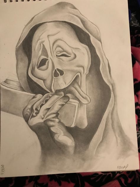 Ghostface Sketch Drawing, Spm Drawing, Boogeyman Drawing, Scream Drawing Ideas, Michael Myers Drawing Easy, How To Draw Scream, Art Sketches Halloween, Horror Movie Drawings Easy, Horror Movies Drawing