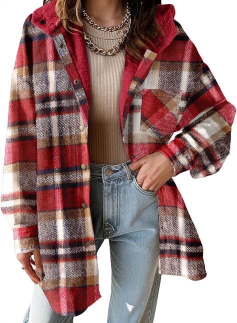 PRICES MAY VARY. [Material]-the womens shacket jacket made with high quality polyester.The flannel fabric is soft, wear-resistant, and has good warmth retention.Soft to the touch and comfortable to wear. [Feature]new plaid print,chest flap pocket,single button on cuff,oversized fit,drop shoulder,high quality flannel, loose style with a chic look.Womens fashion shacket [Shackets for women ]-so versatile is our flannel button down pocket top that can be worn open as a jacket or closed as a shirt!L Winter Plaid Shacket With Buttons, Plaid Hooded Jacket With Pockets For Winter, Fall Plaid Hooded Jacket With Pockets, Fall Hooded Jacket With Buttons, Winter Plaid Hooded Jacket With Pockets, Hooded Outerwear With Button Closure For Fall, Casual Plaid Hooded Jacket With Pockets, Oversized Plaid Outerwear, Plaid Shacket With Snap Buttons For Winter