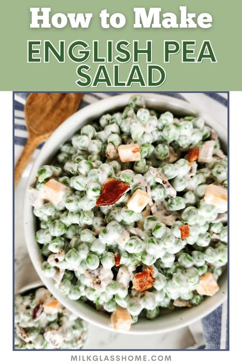 Creamy and full of the savory flavors from cheese, red onion, and bacon, this English pea salad is the perfect side dish for your next BBQ or potluck! It comes together with minimal effort yet is loaded with flavor. It's a crowd-pleasing summer side dish for sure! English Pea Salad Recipe, Creamy Pea Salad, English Pea Salad, Pea Salad With Bacon, Green Pea Salad, Pea Salad Recipes, Smoked Pork Loin, Creamy Peas, Fresh Peas