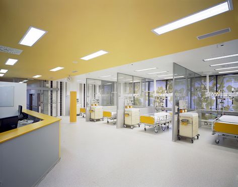 Emergency Pavilion in Teaching Hospital,© Andrea Thiel Lhotakova Maternity Hospital Design, Neonatal Intensive Care Unit Interior Design, Emergency Room Design, Children Hospital Design, Kids Hospital, Hospital Emergency Room, Medical Clinic Design, Hospital Design Architecture, Health Zone