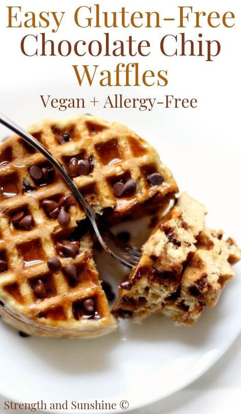 Easy Gluten-Free Chocolate Chip Waffles (Vegan, Allergy-Free) | Strength and Sunshine @RebeccaGF666 Quick and easy Gluten-Free Chocolate Chip Waffles that are vegan, allergy-free, and freezer-friendly! A great homemade breakfast recipe you can make-ahead for busy mornings and enjoy by just popping them in the toaster! The kids will love them and so will you! They're healthy, simple, and low in sugar! #waffles #chocolatechipwaffles #glutenfreewaffles #easywaffles #homemadewaffles Vegan Chocolate Chip Waffles, Chocolate Chip Waffle Recipe, Low Carb Vegan Breakfast, Waffles Vegan, Homemade Breakfast Recipes, Chocolate Chip Waffles, Vegan Waffles, Vegan Breakfasts, Gluten Free Waffles