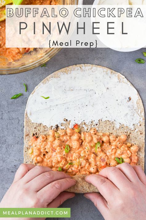 Easy and Healthy Buffalo Chickpea Meal Prep | Meal Plan Addict. Buffalo Chickpea Pinwheel Meal Prep is a no cook, quick and easy vegetarian lunch box for your on the go life. Prep these for 3 days and just grab and go in the morning! Chickpea Lunch, Chickpea Healthy, Chickpea Meal Prep, Veggie Meal Prep, Chickpea Recipe, Buffalo Chickpea, Meal Prep Lunch, Prep Food, Lunch Prep