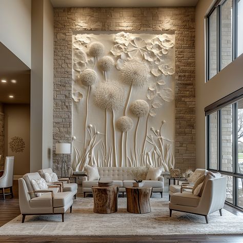 Plaster wall covering oversize whimsical dandelions , interior design double height lobby Layered Lighting, Double Height Living Room, Living Room Wall Designs, Temple Design For Home, Interior Design Your Home, Wall Decoration Ideas, Wall Panel Design, Double Height, Comfortable Furniture