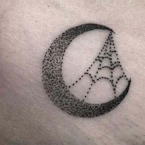 Half Moon Covered by a Spider Web #Halloween #tattoos #trendypins Halloween Tattoos Ideas, Spooky Flash Tattoo, Halloween Sleeve, Cute Halloween Tattoos, Spider Web Tattoo, Pumpkin Tattoo, Nightmare Before Christmas Tattoo, Flash Ideas, Web Tattoo