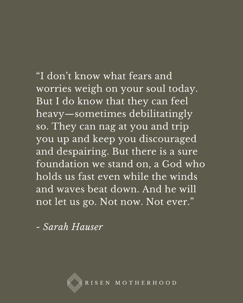 When You Fear the Worst in Motherhood | Risen Motherhood | "As moms, we carry worries not only about our lives but also the lives of our kids. The weight of all of that can crush us––but it doesn’t have to. We will grieve, mourn, and lament, of course. We are broken people living in a fallen world, and we will not escape that heartache until Christ comes again. But in the meantime, fear and worry need not come along for the ride." ... Read more on Instagram @risenmotherhood Worrying About Kids Quotes Mom, Risen Motherhood, Relationship Repair, Worry Quotes, Fear Quotes, Personal Transformation, Along For The Ride, Give Me Jesus, Quotes Prayer