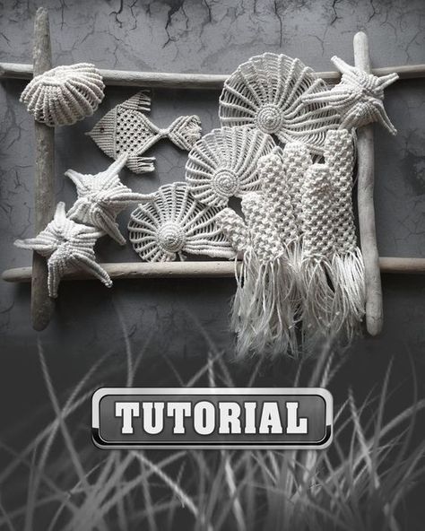 Beach Macrame Patterns, Sea Turtle Macrame Wall Hanging Tutorial, Ocean Macrame Diy, Seashell Macrame Wall Hanging, Macrame Seashell Tutorial, Ocean Themed Macrame, Macrame With Seashells, Macrame Octopus Tutorial, Macrame Whale Tutorial