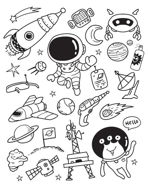 Premium Vector | Astronauts explore outer space doodle Outer Space Drawing, Space Doodles, Office Mural, Earth Drawings, Hand Doodles, Space Drawings, Cat Doodle, About Space, Poster Drawing