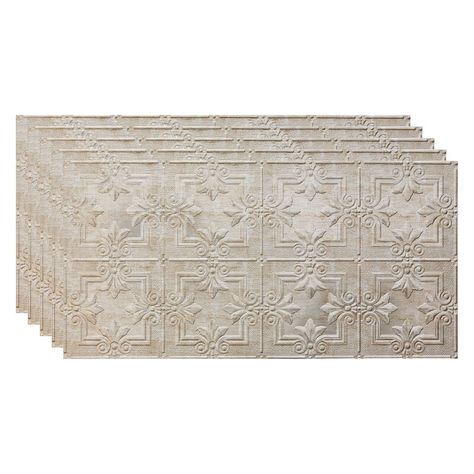 Fasade Regalia 4.03 ft. x 2.03 ft. Glue-Up Vinyl Ceiling Tile in Gray | Wayfair Vinyl Ceiling, Metal Glue, Tin Ceilings, Faux Tin Ceiling, Faux Tin Ceiling Tiles, Tin Panel, Tin Kitchen, Faux Tin, Plaster Ceiling