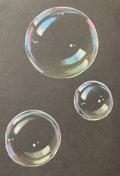 Bubble Color Pencil Drawing, How To Draw Bubbles On Black Paper, Bubble Drawing On Black Paper, Bubble Colored Pencil, Soap Bubbles Painting, Drawing Bubbles On Black Paper, Color Pencil Painting Ideas, Color Pencil Bubbles, Drawings On Grey Paper