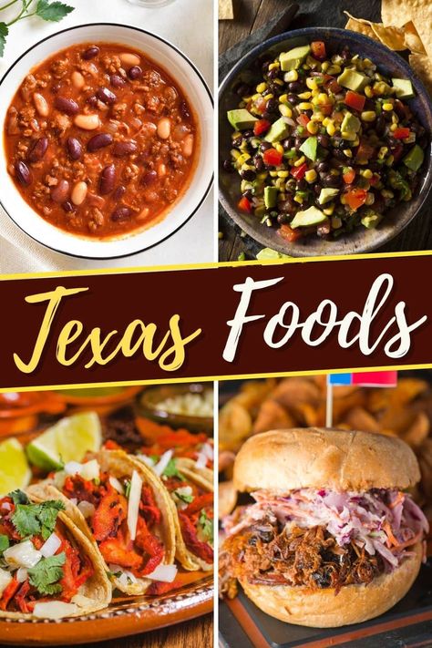 Get a taste of the Lone Star state with these Texas foods! From pulled pork to chili to sheet cake, these dishes are big on Texas flavor! Texas Menu Ideas, Texas Themed Food Party Ideas, Traditional Texas Recipes, Texas Side Dishes, Texas Dinner Ideas, Texas Themed Food, Texas Bbq Party, Texas Meals, Western Food Ideas