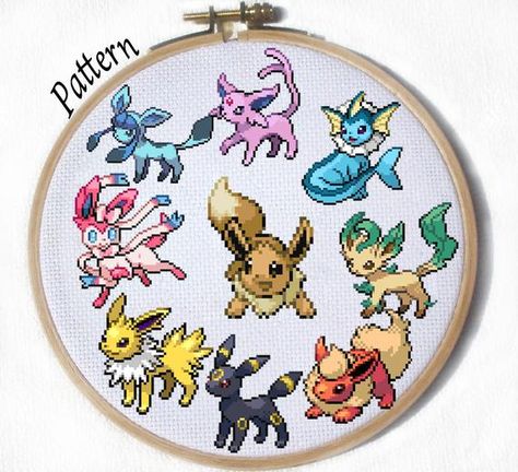 All Eeveelutions Cross stitch patterns- Eevee, Jolteon, Flareon, Vaporeon, Umbreon, Espeon, Leafeon, Glaceon and Sylveon! and is available for immediate download! If you would like a different pokemon, please message me, email me, or add it in the details of your purchase! All patterns are Glaceon And Sylveon, All Eeveelutions, Umbreon Espeon, Geeky Cross Stitch, Pokemon Cross Stitch, Pokemon Craft, Beaded Cross Stitch, Diy Cross Stitch, Stitch Embroidery