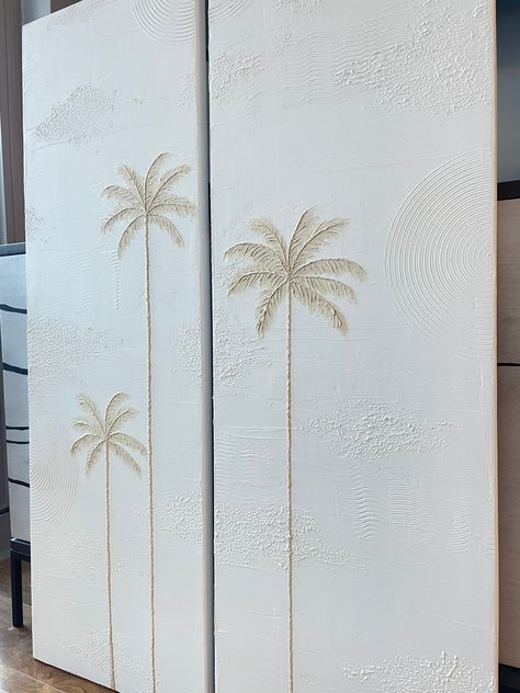 Wall Size Canvas Painting, Canvas And Plaster Art, Plaster Wall Art Ocean, Textured Canvas Art Palm Tree, Palm Tree Plaster Art, Large Gold Framed Art, Textured Beach Painting Diy, Diy Minimal Art, Textured Palm Tree Art