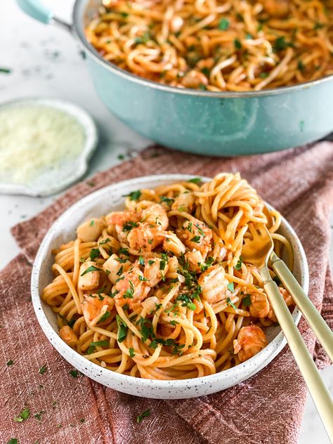 Seafood Pasta with Tomato Cream Sauce Pasta With Tomato Paste, Seafood Pasta Sauce, Pasta With Tomato Cream Sauce, Millennial Kitchen, Tomato Cream Sauce Pasta, Tomato Cream Sauce, Creamy Chicken Pasta, Pumpkin Pasta, Bacon Pasta