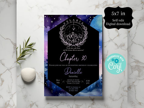 Etsy, ACOTAR Birthday Invitation. Looking for a perfect way to celebrate your birthday AND your love for the ACOTAR series? Well look no further! This is a self edit invitation. Download and print or send via text! #acotar #lunavondigital #chapterbirthday Acotar Birthday, Thirty Birthday, Birthday Book, We Can Do It, Birthday Invite, Digital Clip Art, Digital Invitations, Gift Registry, Invitation Paper