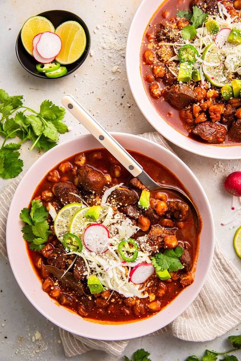 Pozole Rojo (Authentic Mexican Pork & Hominy Stew) Authentic Pozole, Pozole Rojo Recipe, Hominy Stew, Dry Oregano, Canned Hominy, Pozole Recipe, Mexican Stew, Mexican Pork, Chicken Tender Recipes