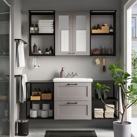 Compact Bathroom Design, Small Bathroom Interior, Small Bathroom Sinks, Compact Bathroom, Ikea Bathroom, Basin Design, Mirror Cabinet, Grey Bathrooms, Small Bathroom Decor