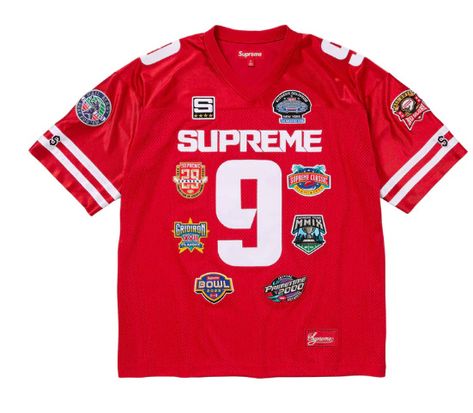 Supreme Championships Football Jersey Red Poly eyelet mesh with dazzle yoke  Embroidered patches on front and back and sleeves Tackle twill appliqué Supreme spellout on front and Jerseys numbers on at front, shoulders and back.  Supreme athletic label at lower front. Jersey will be shipped once payment is received Bid only if you intend on purchasing item Please Complete Payment on Time! I am very active on eBay.  Any Questions? Feel Free to ask! Happy Bidding! Hiphop Logo, Red Streetwear, Football Jersey Outfit, Unusual Clothes, Street Fashion Men Streetwear, Jersey Outfit, Mens Fashion Casual Outfits, Shirt Store, Fashion Design Clothes