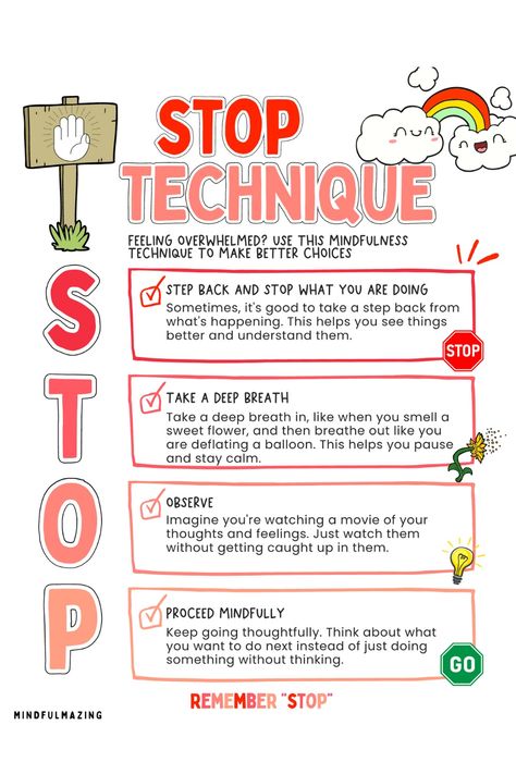 This STOP Technique Worksheet for kids is a wonderful mindfulness exercise to help kids stay calm and feel better. The Stop Mindfulness Technique Activity is a hit with kids and adults alike. Don't miss out on this gorgeous STOP Technique for Kids Poster. (Two color versions included) Mindfulness Exercises For Kids, De Escalation Techniques For Kids, Calming Exercises For Kids, Grounding Technique Activities For Kids, Calming Activities For Adults, Cbt Activities For Teens, Cbt For Kids, Coping Skills Activity For Teens, Self Control Activities For Kids