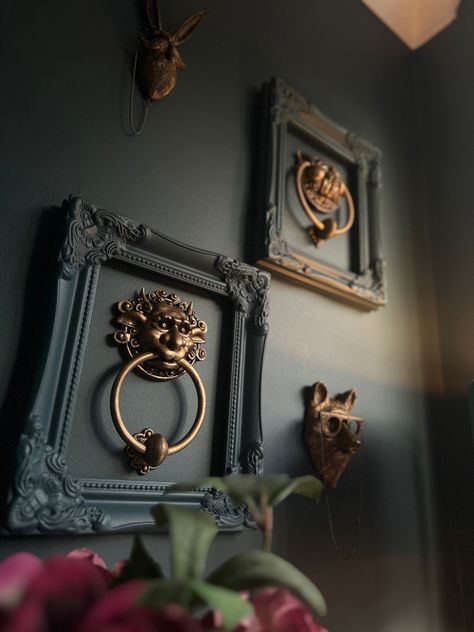 Teal wall, labyrinth door knockers, wall art, brass rabbit, brass bear, alcove, alcove art Moody Decor, Dark Home Decor, Hemma Diy, Fabulous Diy, Goth Home, Goth Home Decor, Dark Home, Inspire Me Home Decor, Budget Bathroom