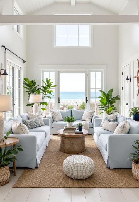 Coastal Living Room Decor Inspiration Coastal Beach House Living Room, Ocean Theme Living Room, Modern Coastal Farmhouse Living Room, Beachy Boho Living Room, Coastal Sunroom, Coastal Living Room Decor, Coastal Farmhouse Living Room, Airy Living Room, Modern Coastal Living Room