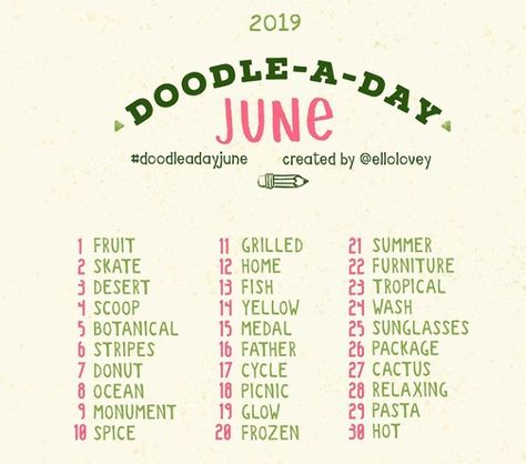 Doodle-a-Day prompts, Doodling prompts, Summer doodles, Summer Doodles Summer, Summer Doodles, Sketchbook Prompts, 30 Day Art Challenge, Art Journal Challenge, Summer Drawings, 30 Day Drawing Challenge, Drawing Ideas List, Art Journal Prompts