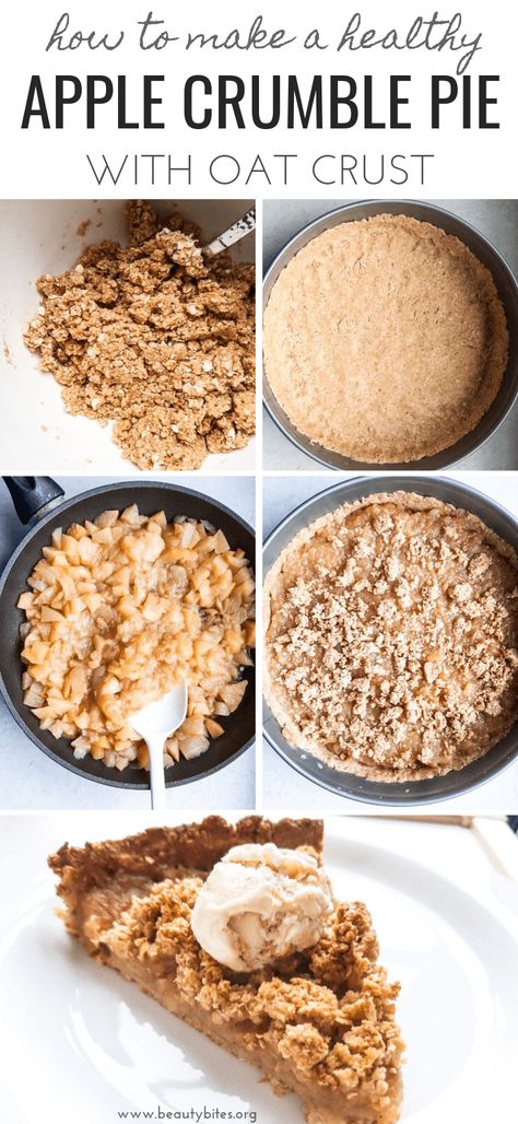 Healthy Apple Crumble Pie From Scratch! This easy homemade apple pie uses just 3 healthy ingredients for the filling and the crumble on top and in the crust is made with oats. No flour, no refined sugar, but absolutely delicious!