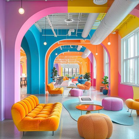 Modern Office Images: Office Pictures Design Trends Fun Office Aesthetic, Bright Colorful Office Ideas, Happy Office Decor, Colourful Office Design, Colorful Modern Office, Pop Art Office Interior Design, Student Lounge Design, Fun Office Design Work Spaces, Interior Designers Office