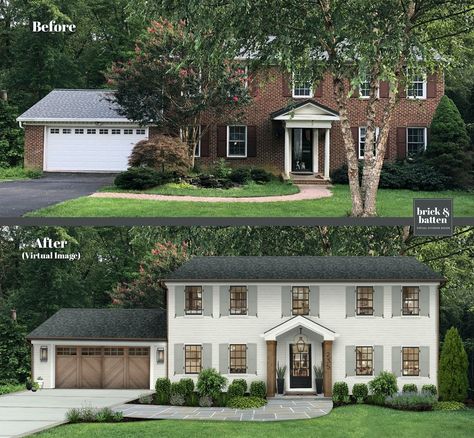 Two Story Landscaping Ideas, Brick House Exterior Renovation, Palladium Windows Exterior, Traditional Brick House Exterior Makeover, Colonial Makeover Exterior, Exterior Remodel Brick, Update Colonial House Exterior, Updating Brick House Exterior, Colonial Brick House Exterior