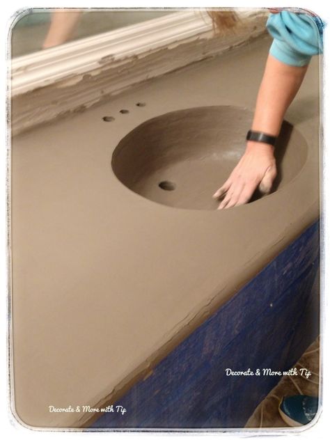 DIY CONCRETE OVERLAY VANITY COUNTER TOP - Decorate & More with Tip Diy Concrete Overlay, Concrete Overlay Countertops, Bathroom Concrete Countertops, Countertop Overlay, Painting Bathroom Countertops, Bathroom Countertops Diy, Cement Countertops, Concrete Vanity Top, Cement Bathroom