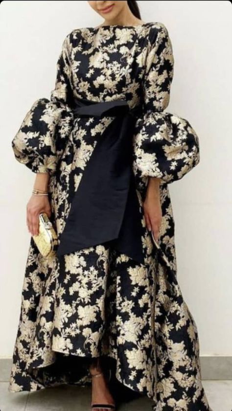 Brocade Dress Modern, Worship Dress, Detachable Puff Sleeves, Gold Brocade Dress, Fashion Trend Inspiration, Dresses For Wedding Guests, Quick Fashion, Shweshwe Dresses, Wedding Pakistani