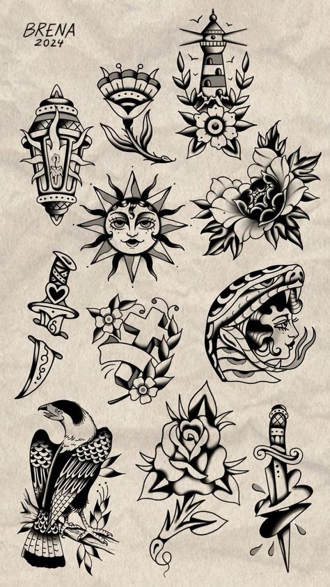 Classic Flash Sheet, Black Traditional Tattoo Ideas, Old Flash Tattoo, Simple Life Tattoo, New School Black Tattoo, Tradition Tattoo Flash, Old School Tattoo Flash Sheet, Old Tattoo Flash, Flash Tattoo Old School Ideas