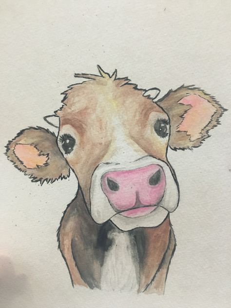 Cow Tutorial Drawing, Easy Painting Animals, Animals Mixed Together Drawings, Drawing Ideas Easy Cow, Watercolor Art Animals Easy, Cows To Draw, Cow Drawing Sketch, Funny Cow Drawing, Cow Cute Drawing