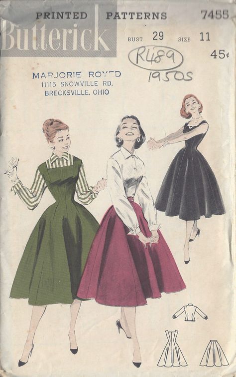 ~ Circa/Date: 1950s ~ Details:   JUMPER DRESS, SKIRT & BLOUSE ENSEMBLE ~ Size/Measurements (Inches):     ~ Size: 11      ~ BUST: 29″     ~ Waist: 24 1/2″      ~ Hip: 32″ ~ Please Note: ~ You are buying a 'Professional Reproduced' copy of this sewing pattern. Copied from the original sewing pattern. Produced in Full Scale Pattern Pieces ready to cut with full instructions included. Reproduced on high quality 50 gm paper with black ink, durable and easier for reuse. Printed by a Professional Printing Company.   ~ With this product comes an accompanying 'Booklet' and inside the Booklet it includes: ~ A 2-page Instructions and Illustrations on 'How to Adjust Your pattern to your Personal Measurement.' ~ Personal Measurement Chart ~ Body Form Illustrations ~ Fitting Checklist ~ Metric Equivalen 1950s Dress Patterns, Patron Vintage, Skirt Blouse, Sew Ins, Vintage Dress Patterns, Couture Vintage, Fashion Design Sketches, Moda Vintage, Vintage Vogue