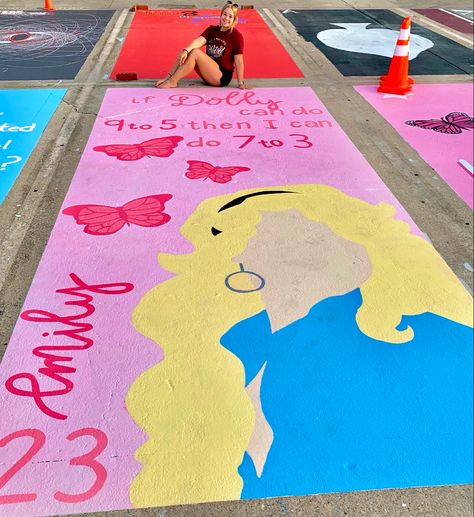 Colorful Parking Spots, Dolly Parton Senior Parking Spot, Little Miss Senior Parking Spot, Senior Parking Spot Painting Taylor Swift, Legally Blonde Parking Spot, Senior Parking Spaces Preppy, Senior Parking Spaces 2024, Barbie Parking Spot Painting, Cool Senior Parking Spot Ideas