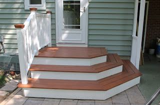 Steps For Porch Entrance, Back Porch Steps With Landing, Floating Patio Steps, Outdoor Stairs To House Entrance Wood, Steps Out Back Door To Patio, Half Moon Front Porch Steps, Concrete Steps Back Door, 2 Step Front Porch Ideas, Cascading Front Porch Steps