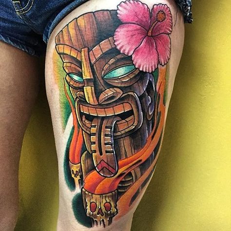 Tiki Head by @cleenrockone at @goldenskulltattoo in Las Vegas Nevada. #flower #tiki #tikihead #cleenrockone #goldenskulltattoo #lasvegas #vegas #nevada #tattoo #tattoos #tattoosnob Hawaiian Tiki Tattoo, Nevada Tattoo, Tropical Tattoo, Tiki Tattoo, Vegas Tattoo, Tiki Head, One Tattoo, Tattoo People, Hawaiian Tattoo