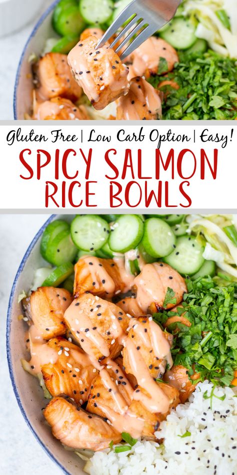 Spicy Salmon Bowl - Whole Kitchen Sink Spicy Salmon Bowl, Salmon Rice, Dairy Free Recipes Dinner, Healthy Bowls Recipes, Salmon Bowl, Spicy Salmon, Salmon And Rice, Healthy Bowls, Health Dinner